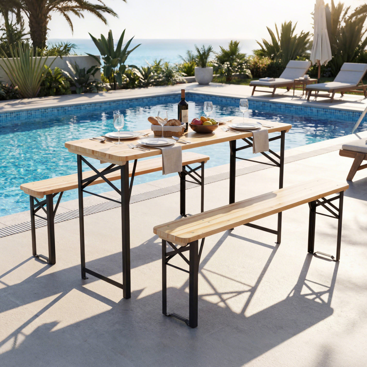 3-Piece Folding Picnic Table with Benches Fir Wood Portable Bear Camping SET-Natural