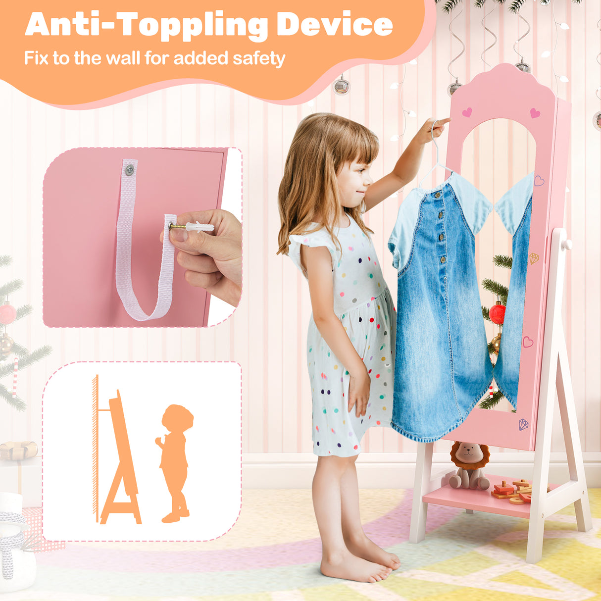 2 Pieces Kids Vanity Set and Jewelry Armoire Cabinet with Full-length Mirror