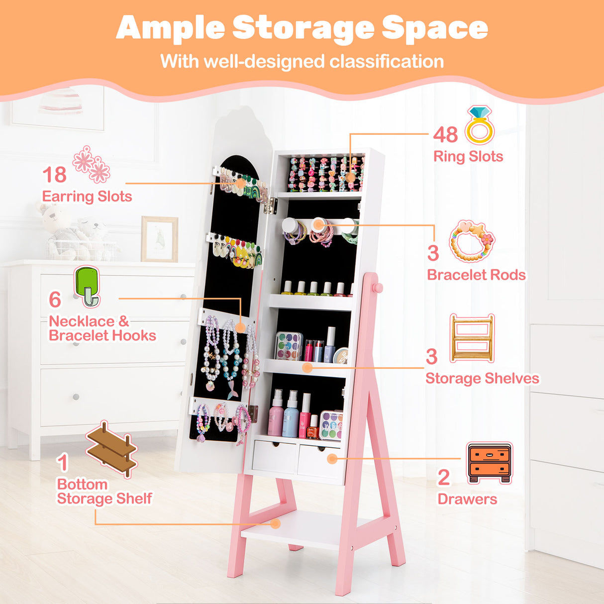 2 Pieces Kids Vanity Set and Jewelry Armoire Cabinet with Full-length Mirror