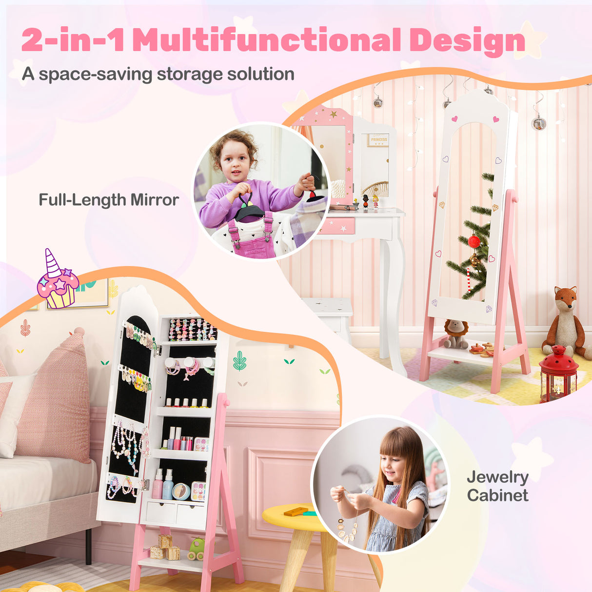 2 Pieces Kids Vanity Set and Jewelry Armoire Cabinet with Full-length Mirror