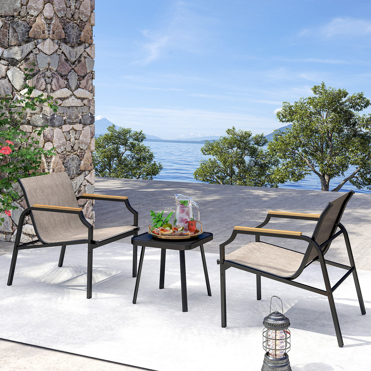 3 Piece Outdoor Chair Set with Breathable Fabric Seat and Armrests-Brown