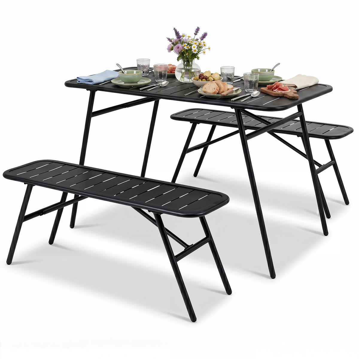 3-Piece Outdoor Dining Set with Coffee Table and 2 Benches for Backyard Deck-Black