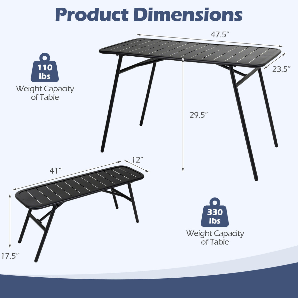 3-Piece Outdoor Dining Set with Coffee Table and 2 Benches for Backyard Deck-Black