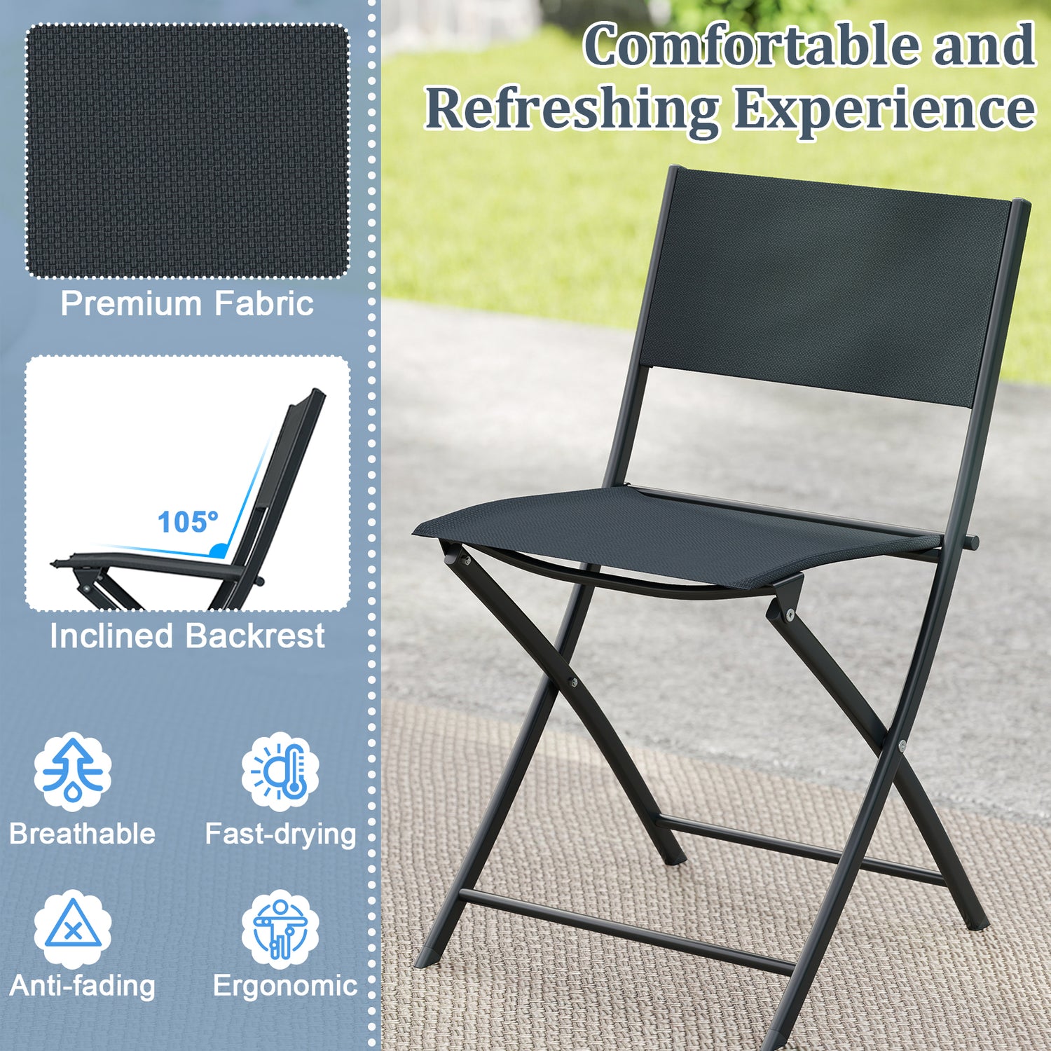 3 Piece Outdoor Folding Patio Bistro Set with Tempered Glass Coffee Table and 2 Patio Chairs