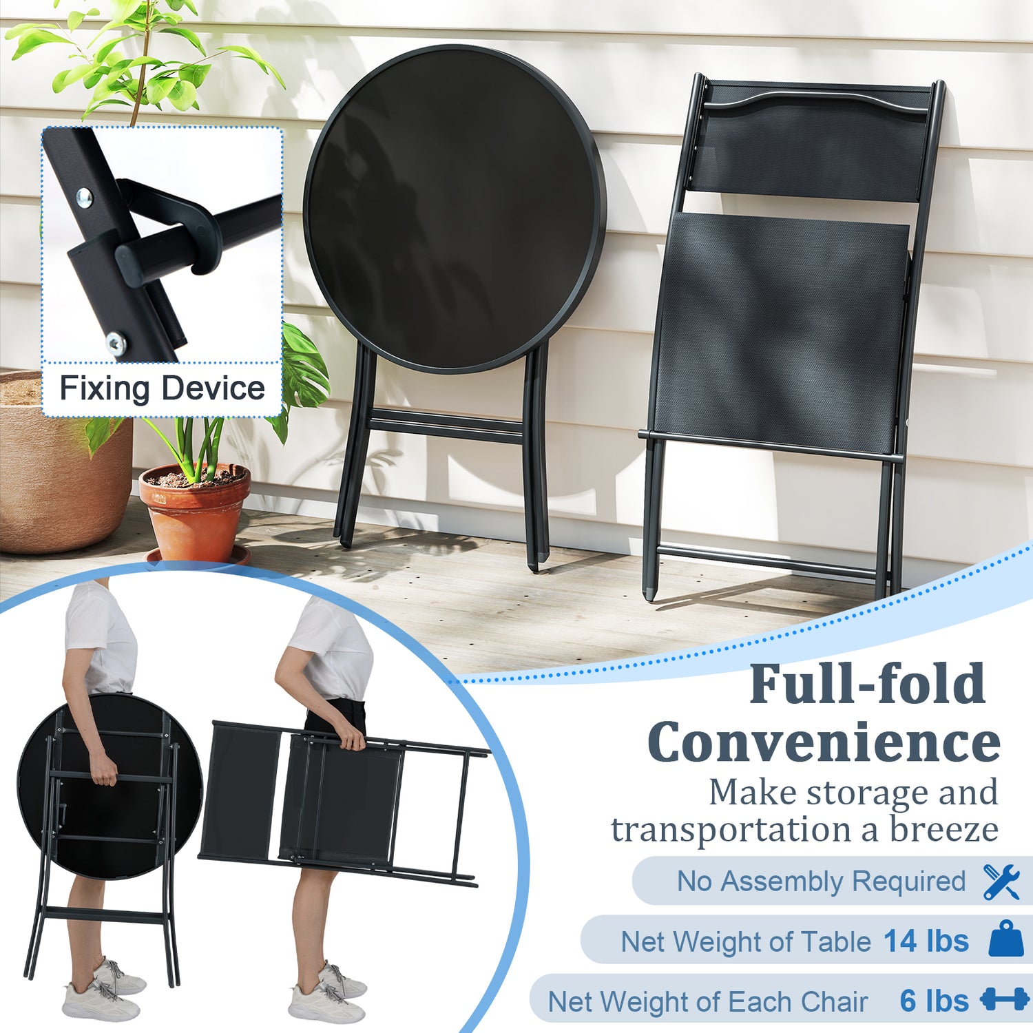 3 Piece Outdoor Folding Patio Bistro Set with Tempered Glass Coffee Table and 2 Patio Chairs