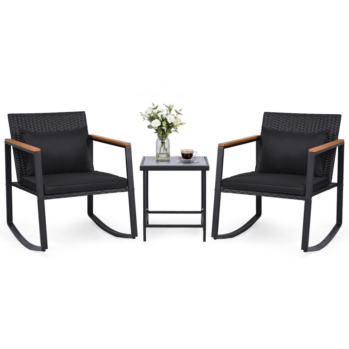 3-Piece Outdoor Rocking Bistro Set with Soft Cushions and/& Tempered Glass Table