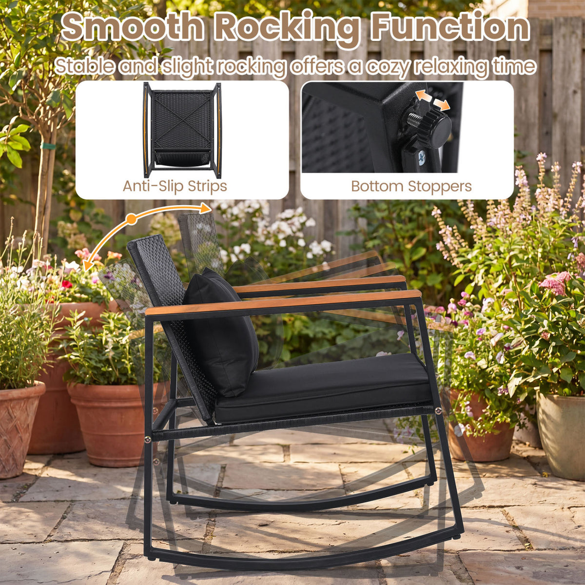 3-Piece Outdoor Rocking Bistro Set with Soft Cushions and/& Tempered Glass Table