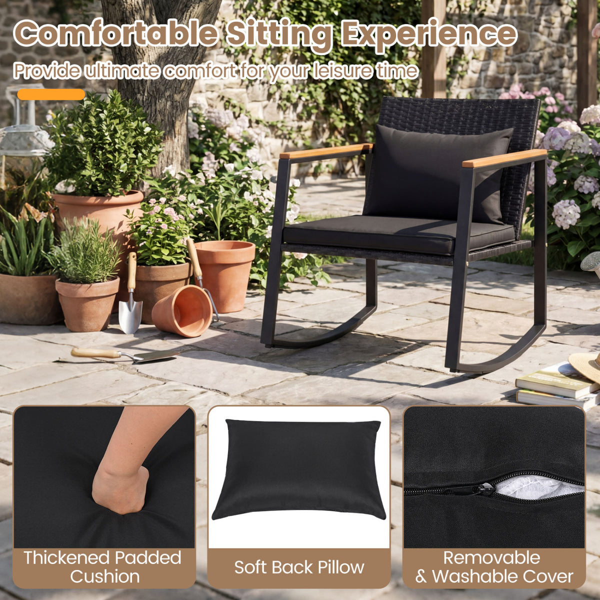 3-Piece Outdoor Rocking Bistro Set with Soft Cushions and/& Tempered Glass Table