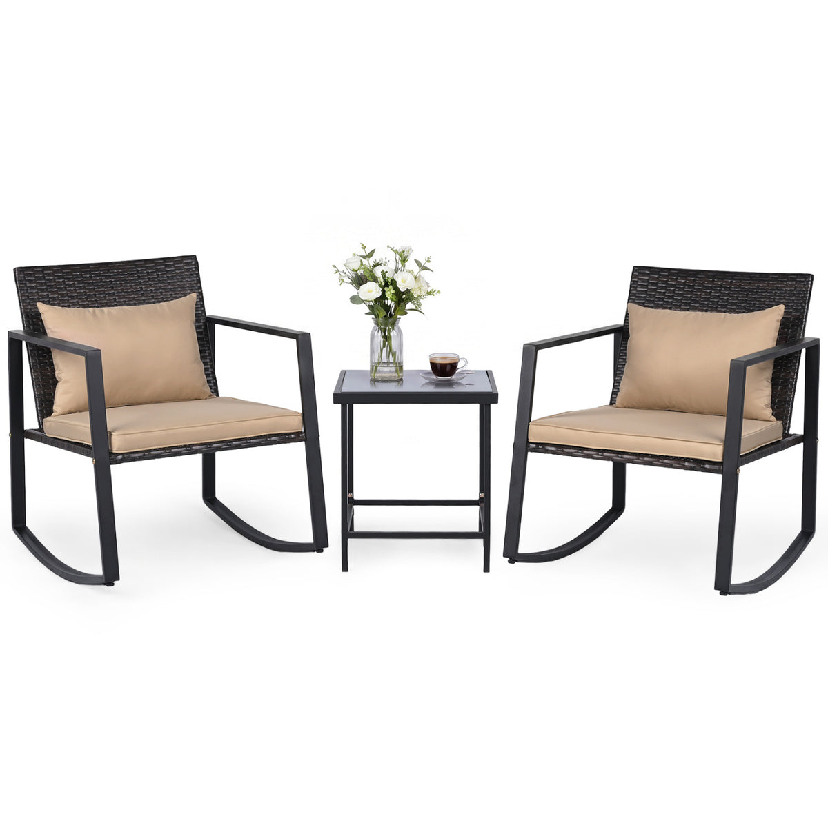 3-Piece Outdoor Rocking Bistro Set with Soft Cushions and/& Tempered Glass Table
