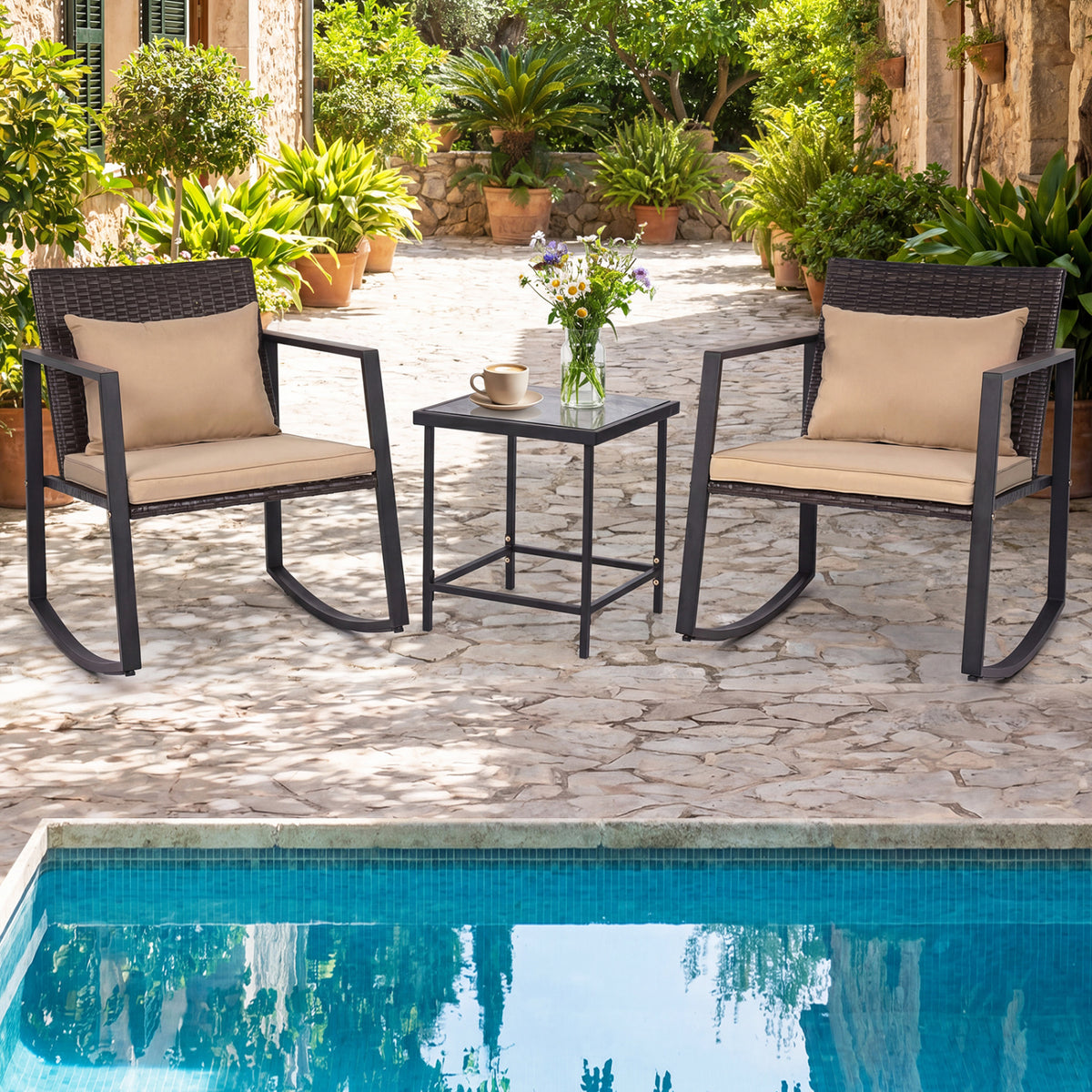 3-Piece Outdoor Rocking Bistro Set with Soft Cushions and/& Tempered Glass Table