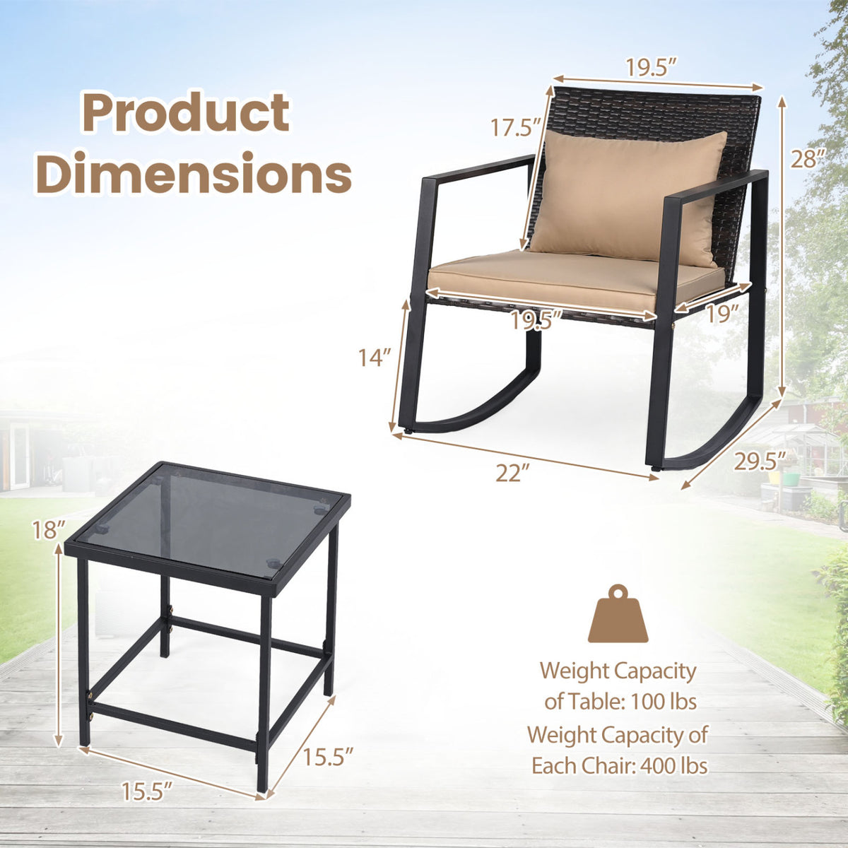 3-Piece Outdoor Rocking Bistro Set with Soft Cushions and/& Tempered Glass Table