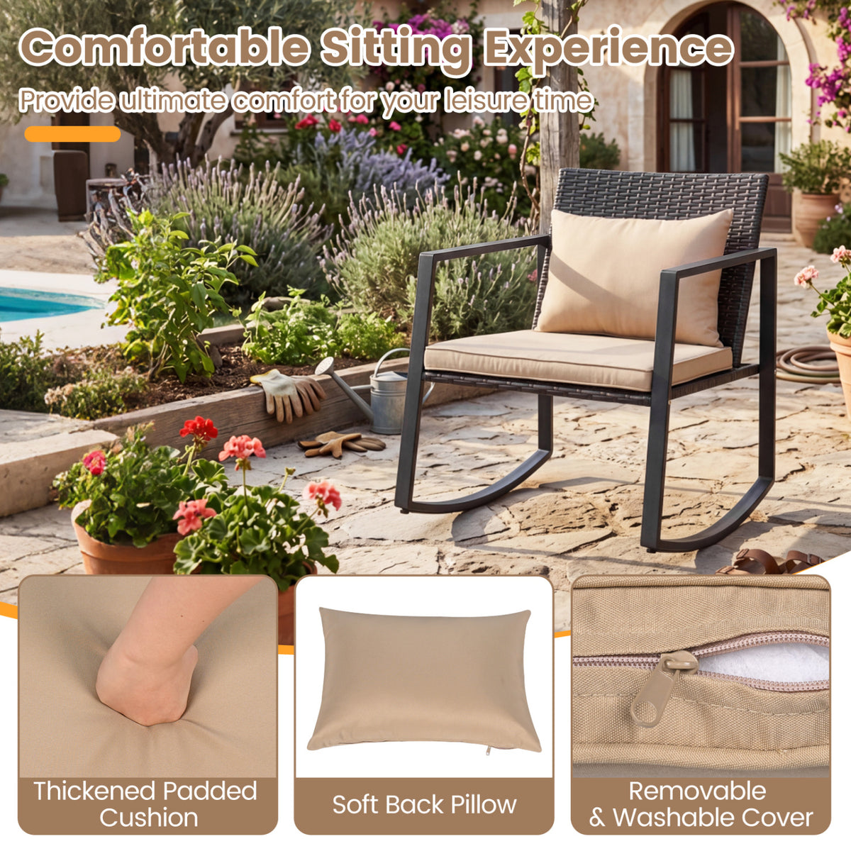 3-Piece Outdoor Rocking Bistro Set with Soft Cushions and/& Tempered Glass Table