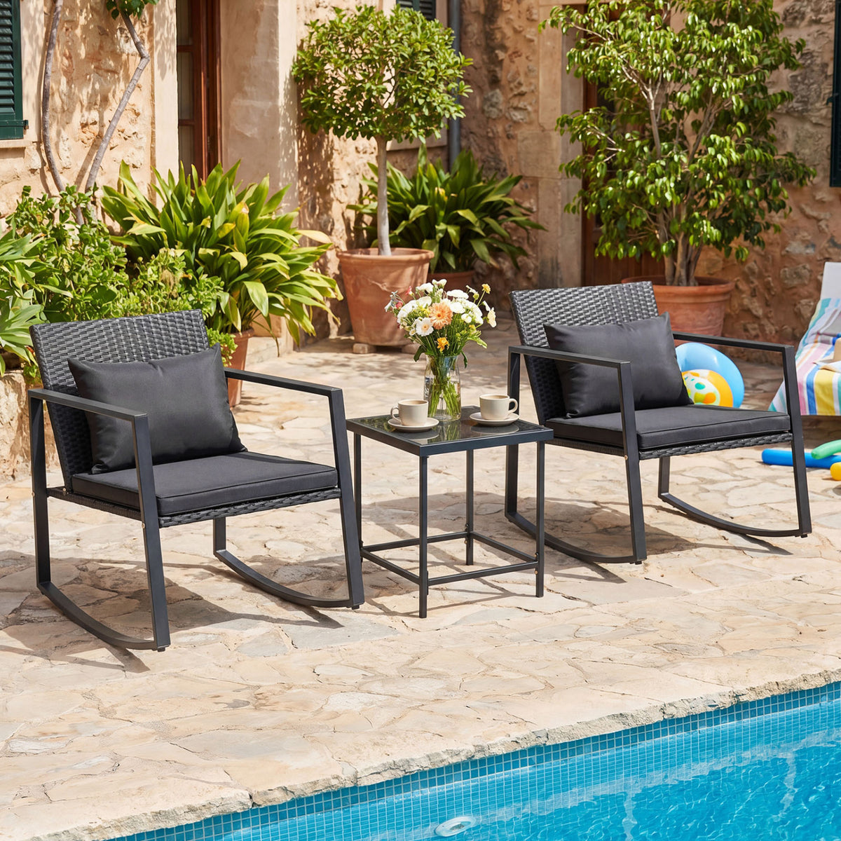 3-Piece Outdoor Rocking Bistro Set with Soft Cushions and/& Tempered Glass Table