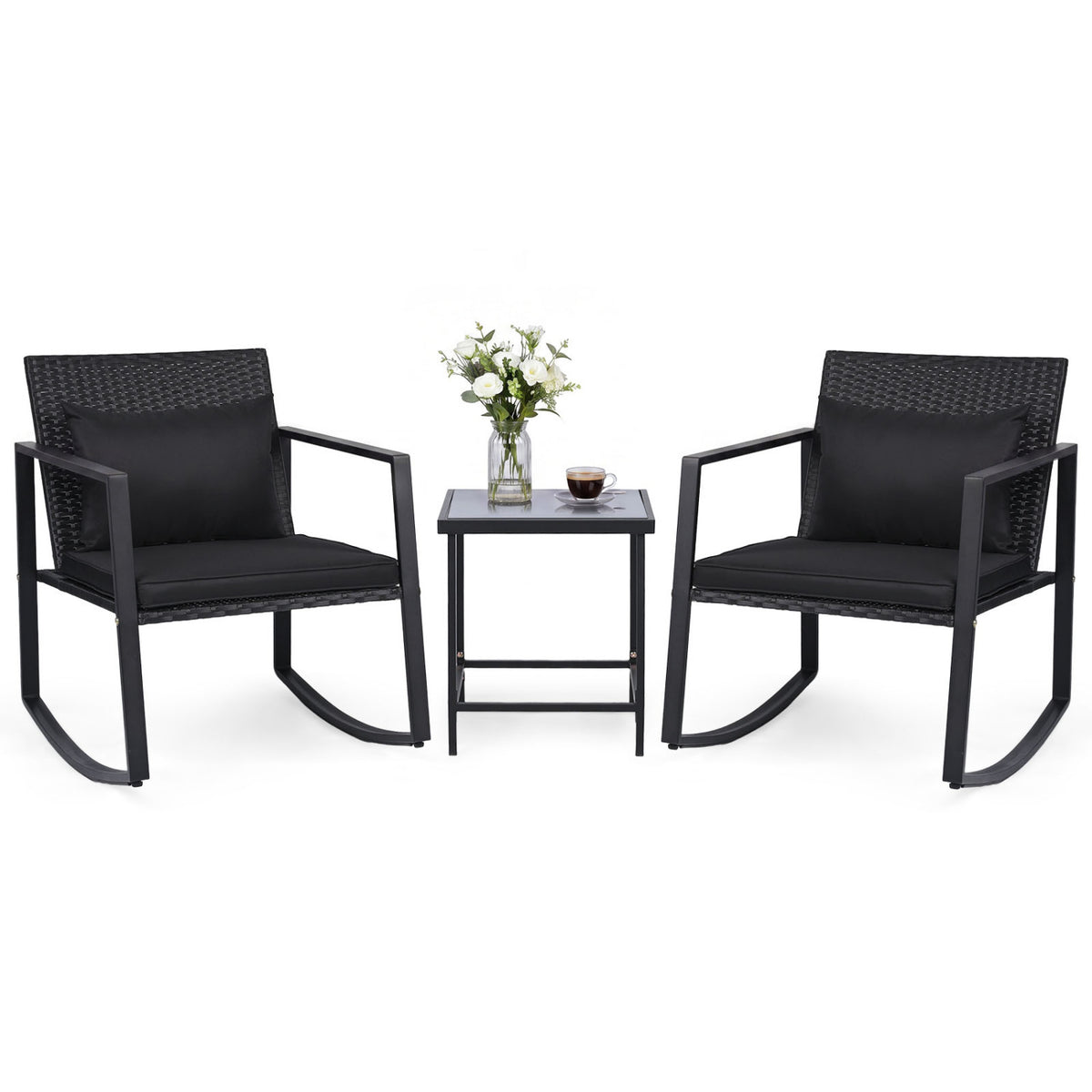 3-Piece Outdoor Rocking Bistro Set with Soft Cushions and/& Tempered Glass Table