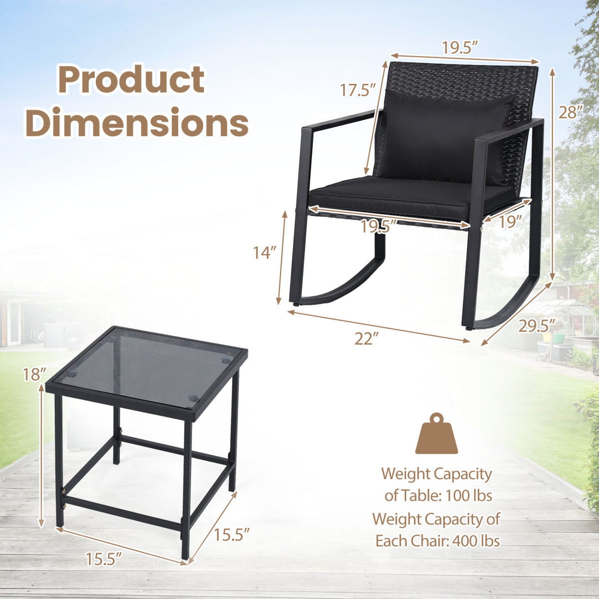 3-Piece Outdoor Rocking Bistro Set with Soft Cushions and/& Tempered Glass Table