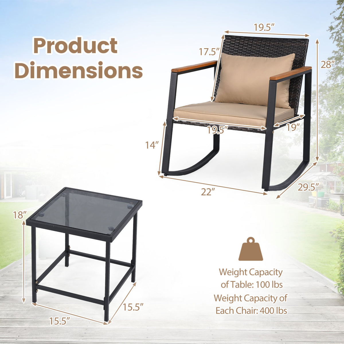 3-Piece Outdoor Rocking Bistro Set with Soft Cushions and/& Tempered Glass Table