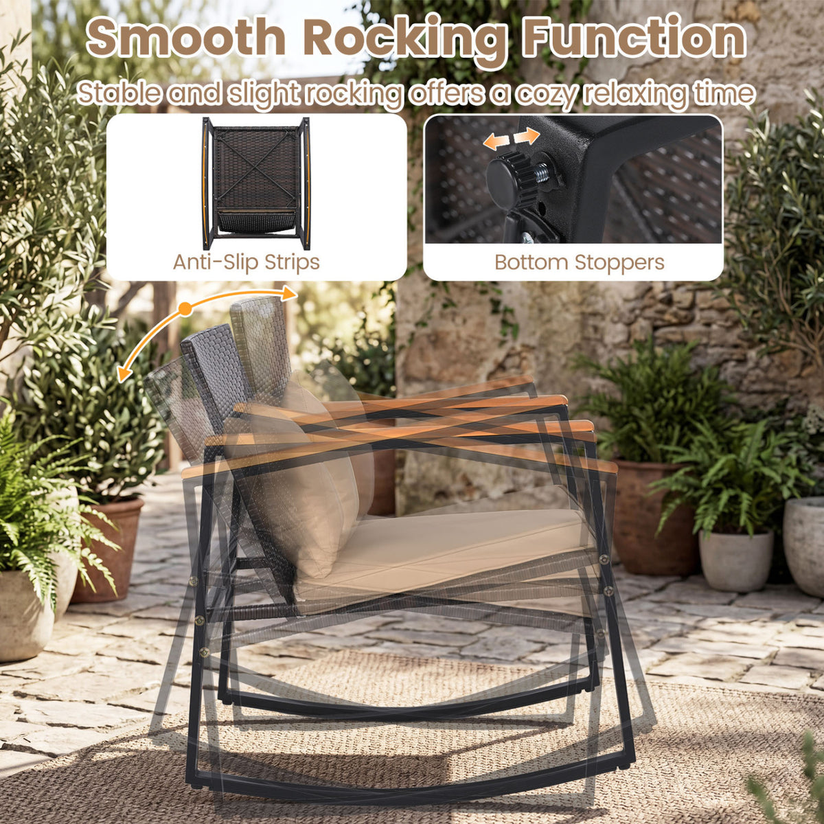 3-Piece Outdoor Rocking Bistro Set with Soft Cushions and/& Tempered Glass Table