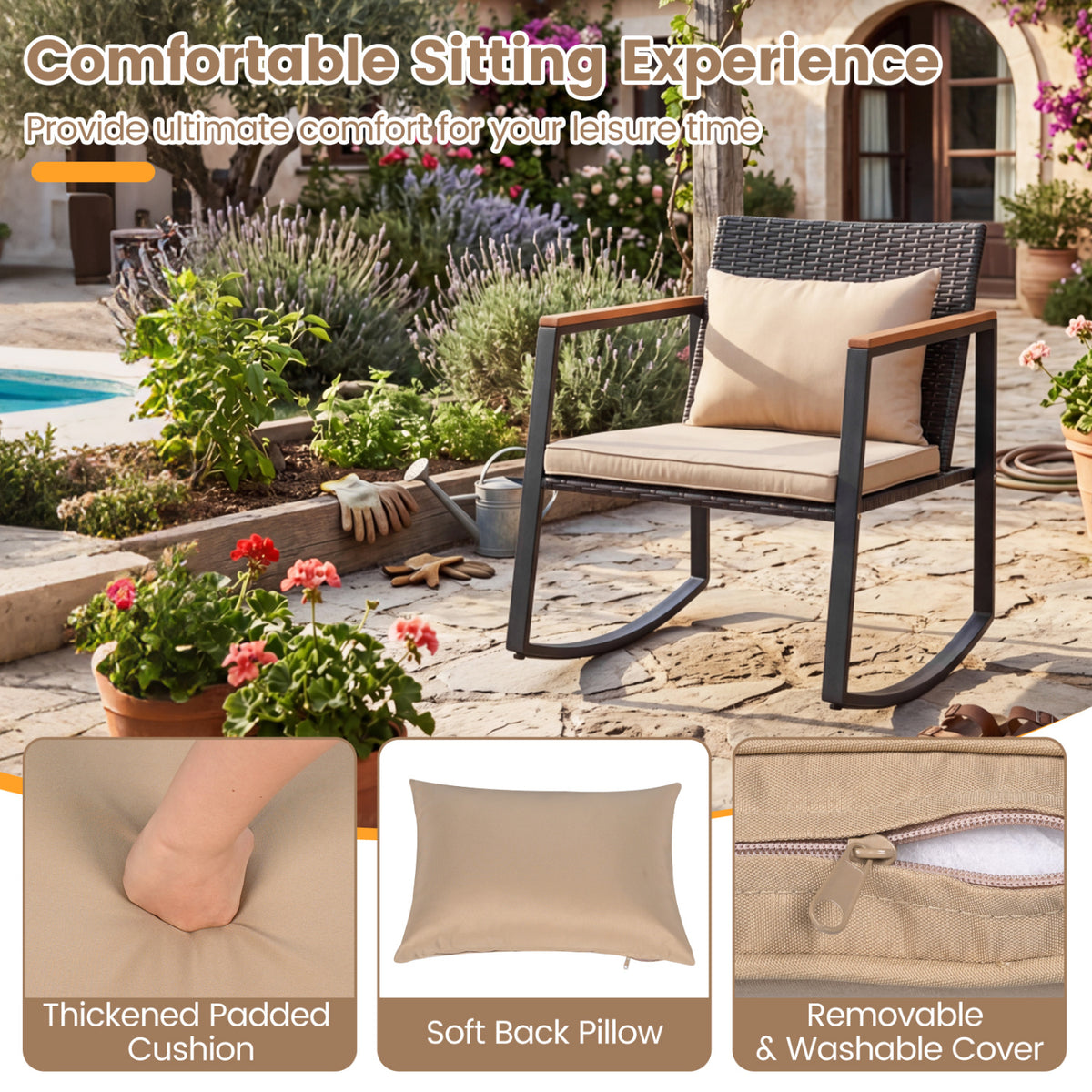 3-Piece Outdoor Rocking Bistro Set with Soft Cushions and/& Tempered Glass Table