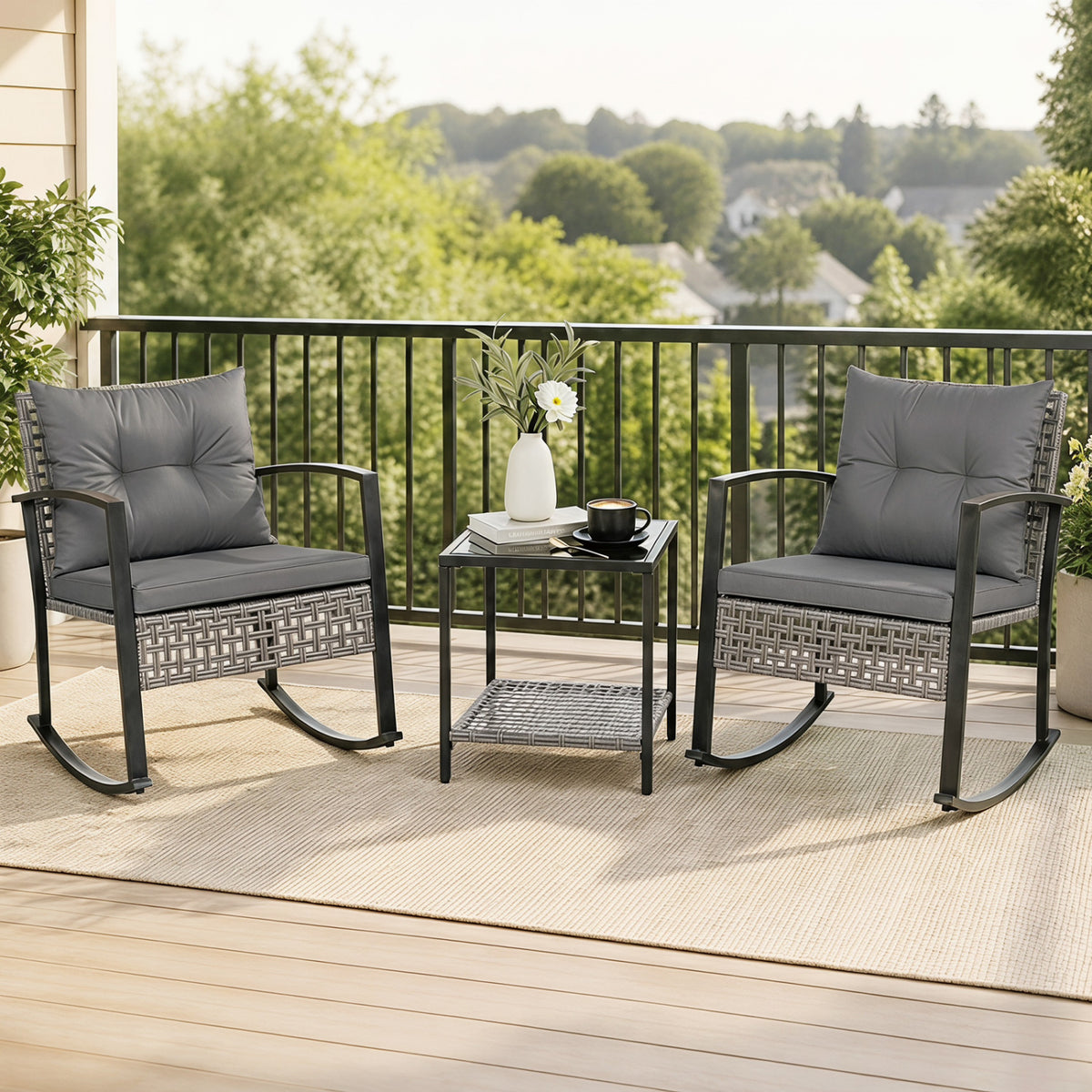 3-Piece Outdoor Rocking Chair Set for Garden-Gray