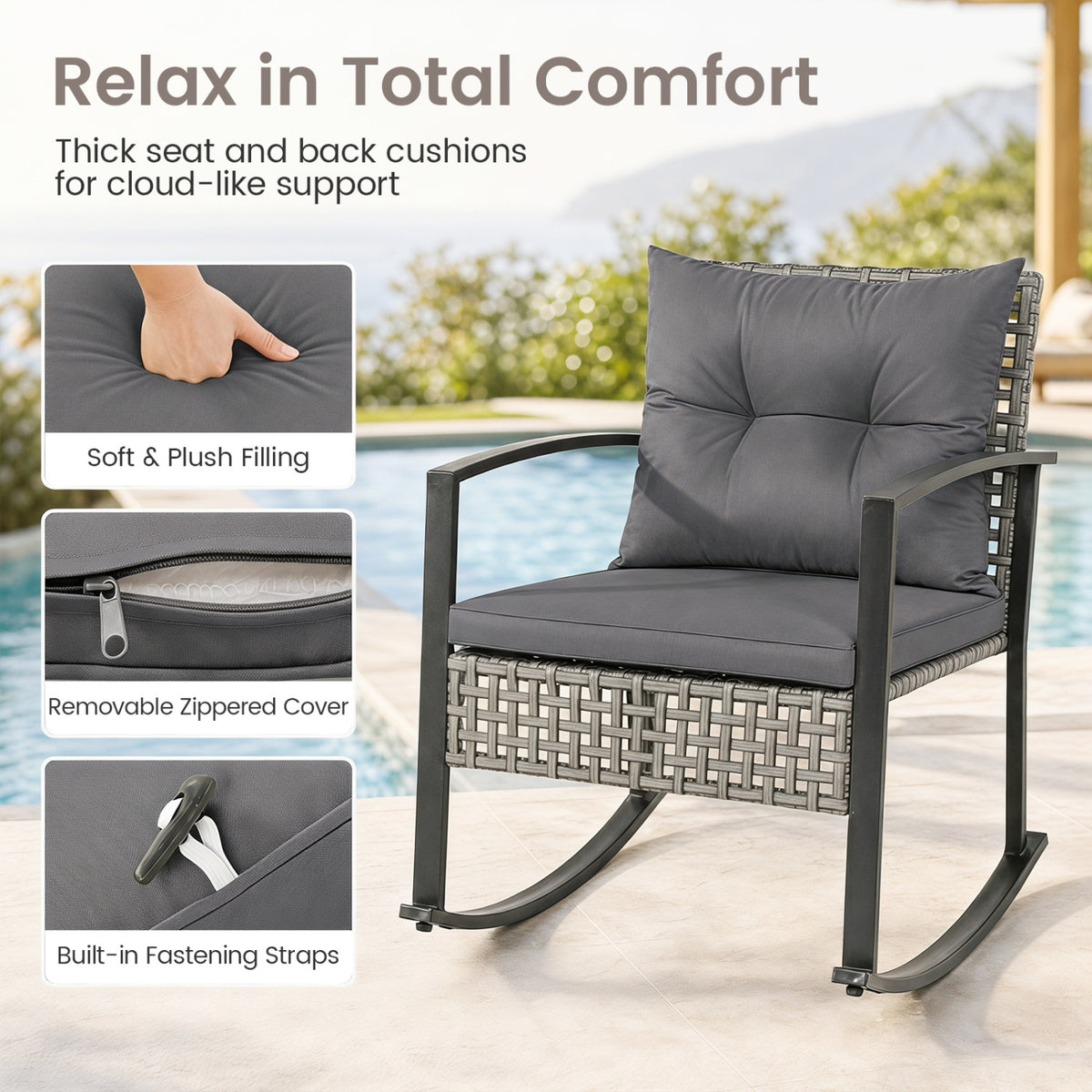 3-Piece Outdoor Rocking Chair Set for Garden-Gray