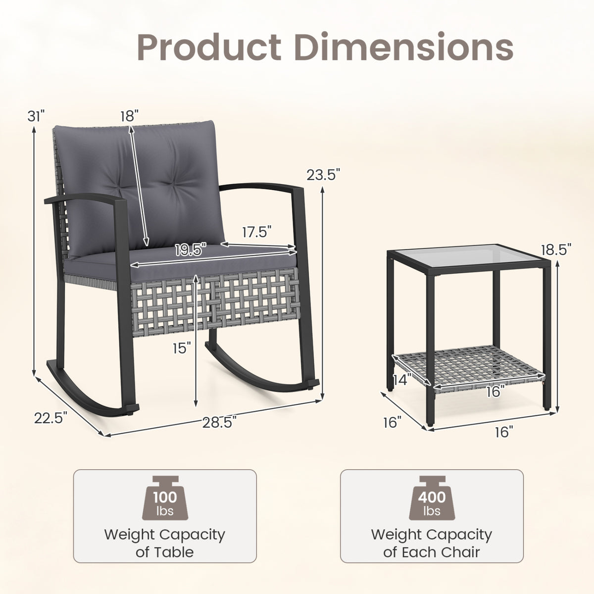 3-Piece Outdoor Rocking Chair Set for Garden-Gray