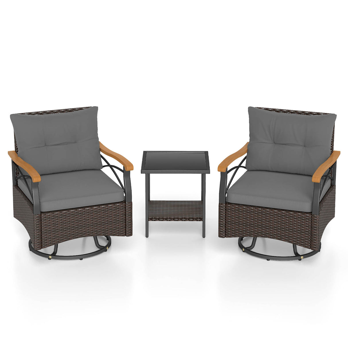 3 Piece Outdoor Swivel Chair Set with Tempered Glass Side Table