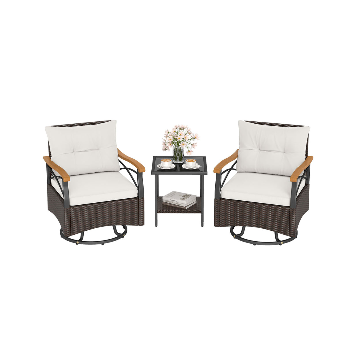 3 Piece Outdoor Swivel Chair Set with Tempered Glass Side Table