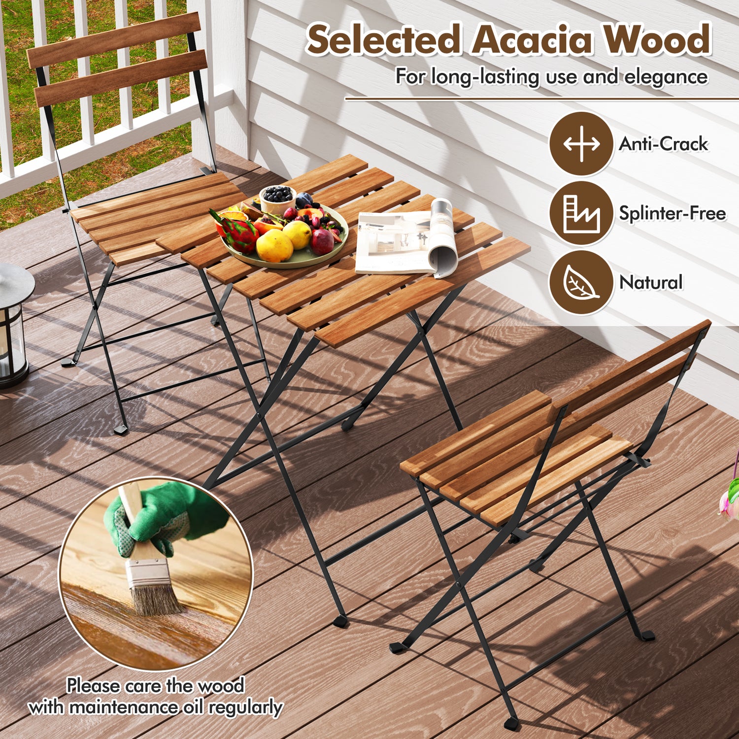 3 Piece Patio Acacia Wood Bistro Set with Slatted Seat and Tabletop