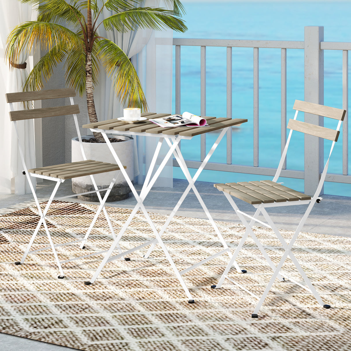 3 Piece Patio Acacia Wood Bistro Set with Slatted Seat and Tabletop