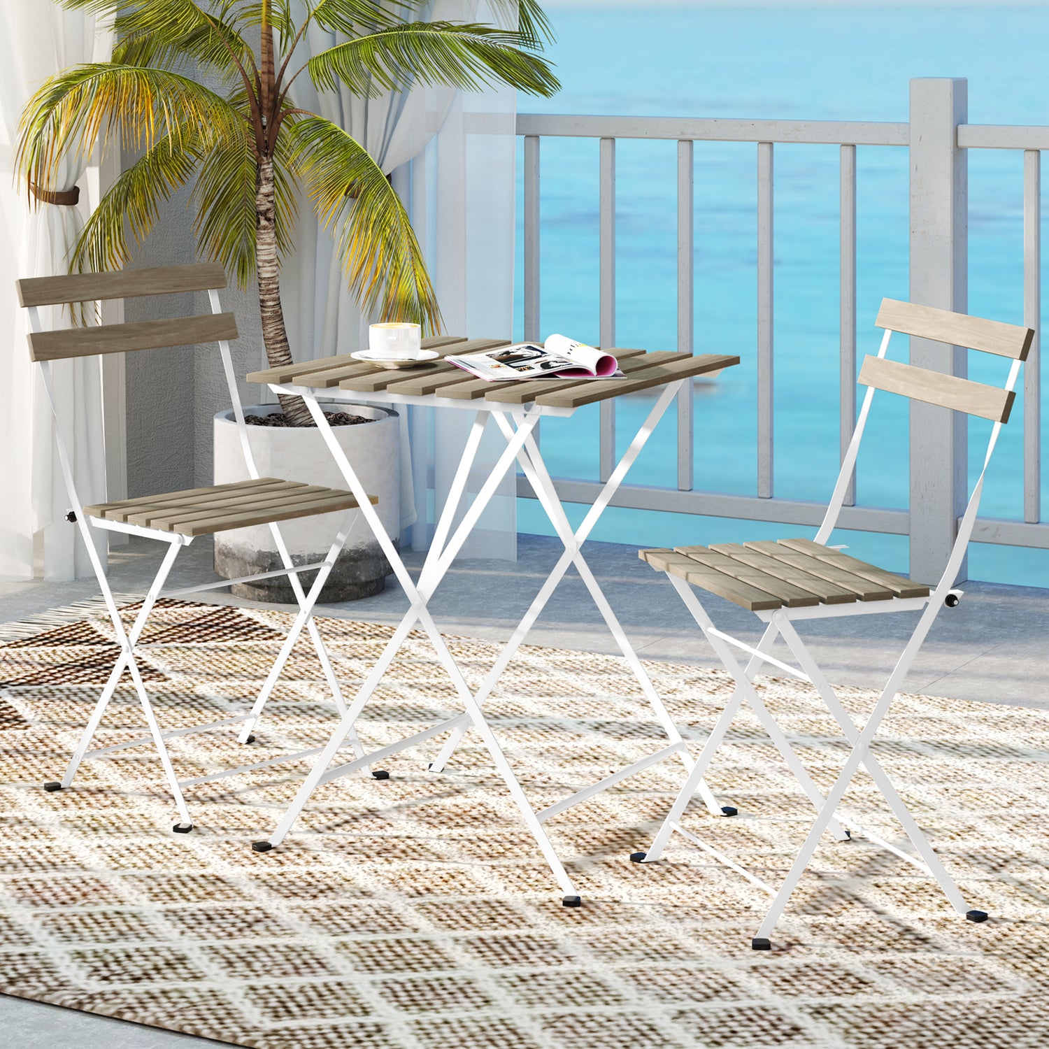 3 Piece Patio Acacia Wood Bistro Set with Slatted Seat and Tabletop