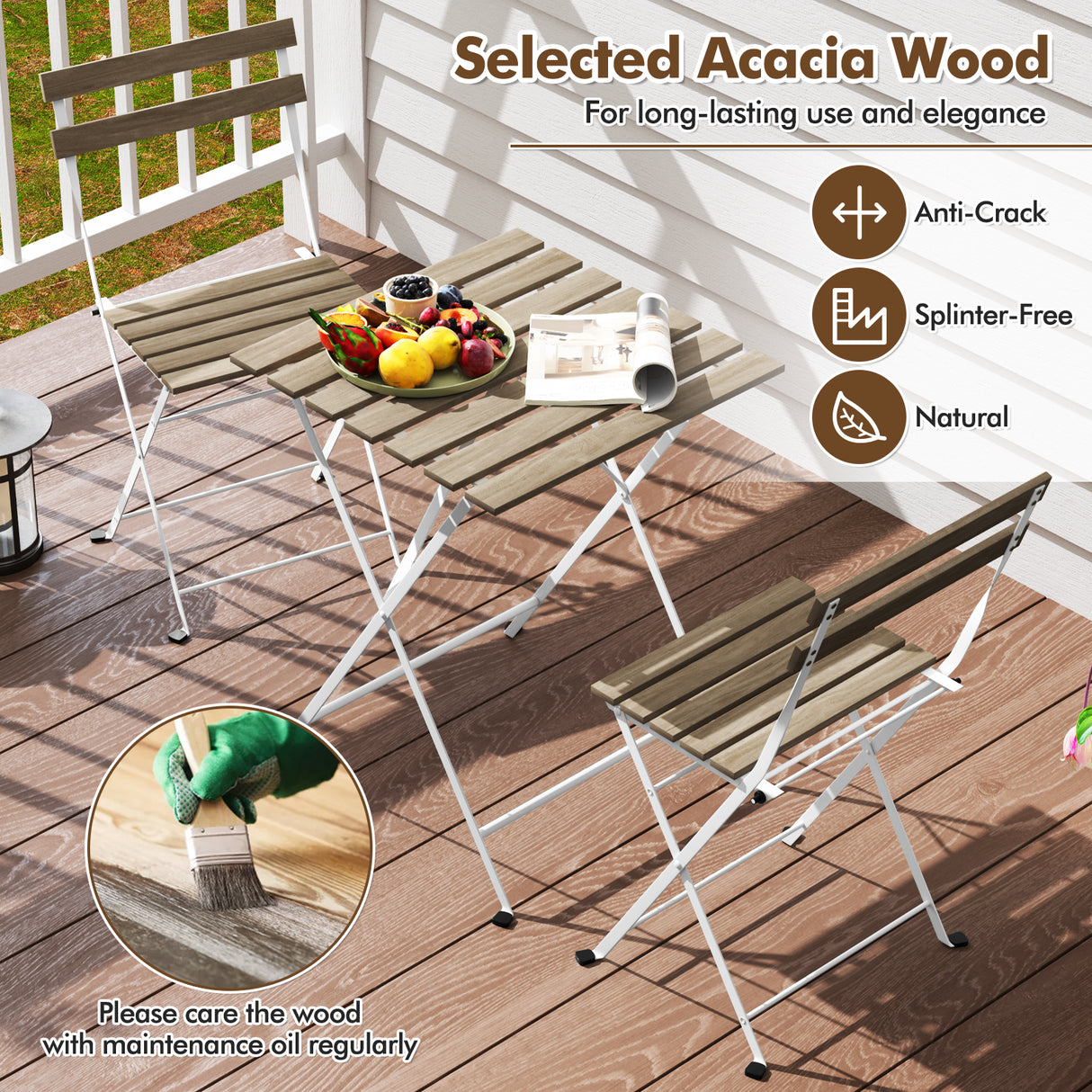 3 Piece Patio Acacia Wood Bistro Set with Slatted Seat and Tabletop