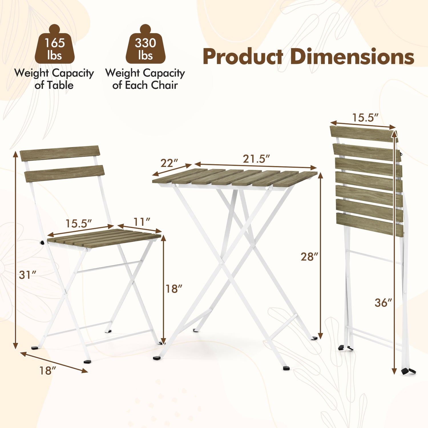 3 Piece Patio Acacia Wood Bistro Set with Slatted Seat and Tabletop