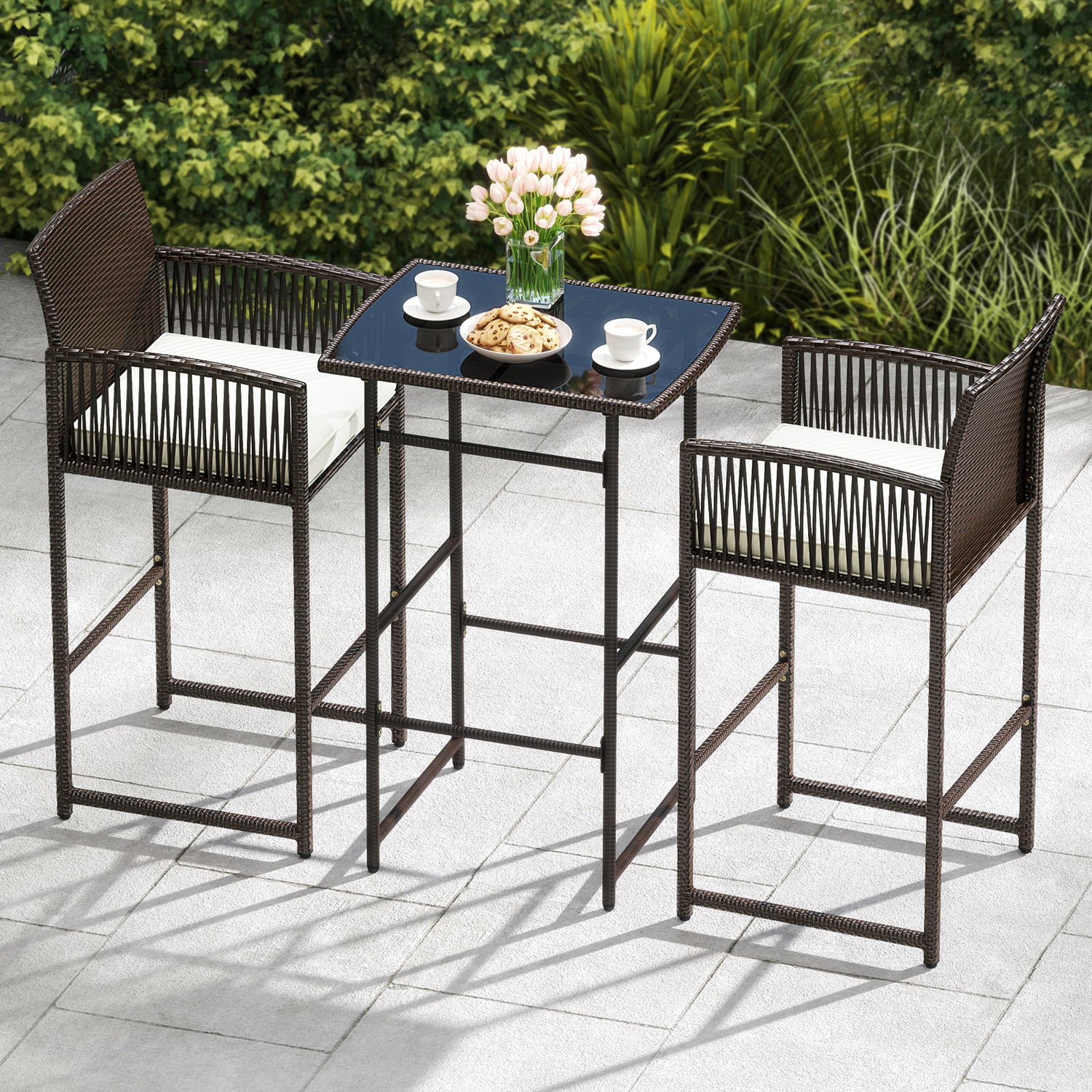 3 Piece Patio Bar Set Outdoor Wicker Bar Height Table and Armchairs with 2 Seat Cushions-White