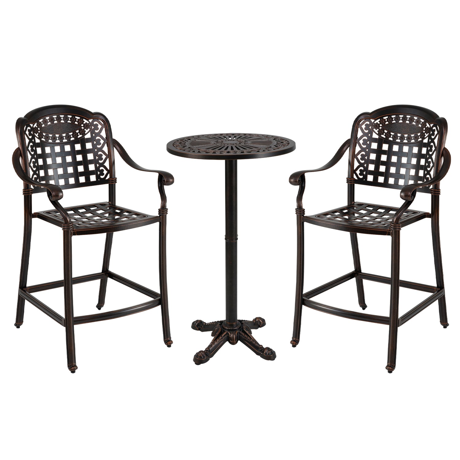 3 Piece Patio Bar Set Outdoor Cast Aluminum Round High Top Table 2 Counter Height Bar Stools