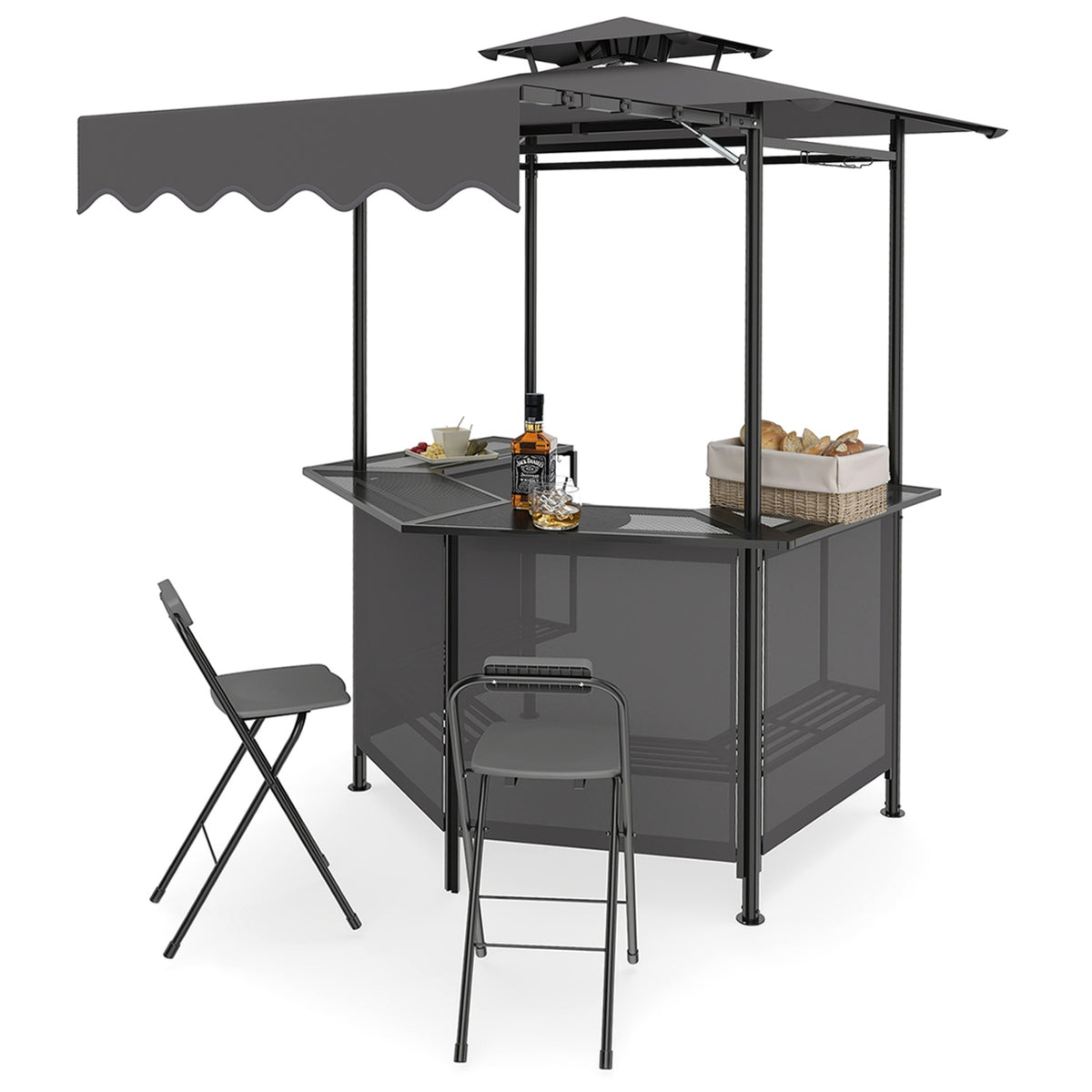 3-Piece Patio Bar Set Outdoor Grill Gazebo and 2 Folding Bar Stools