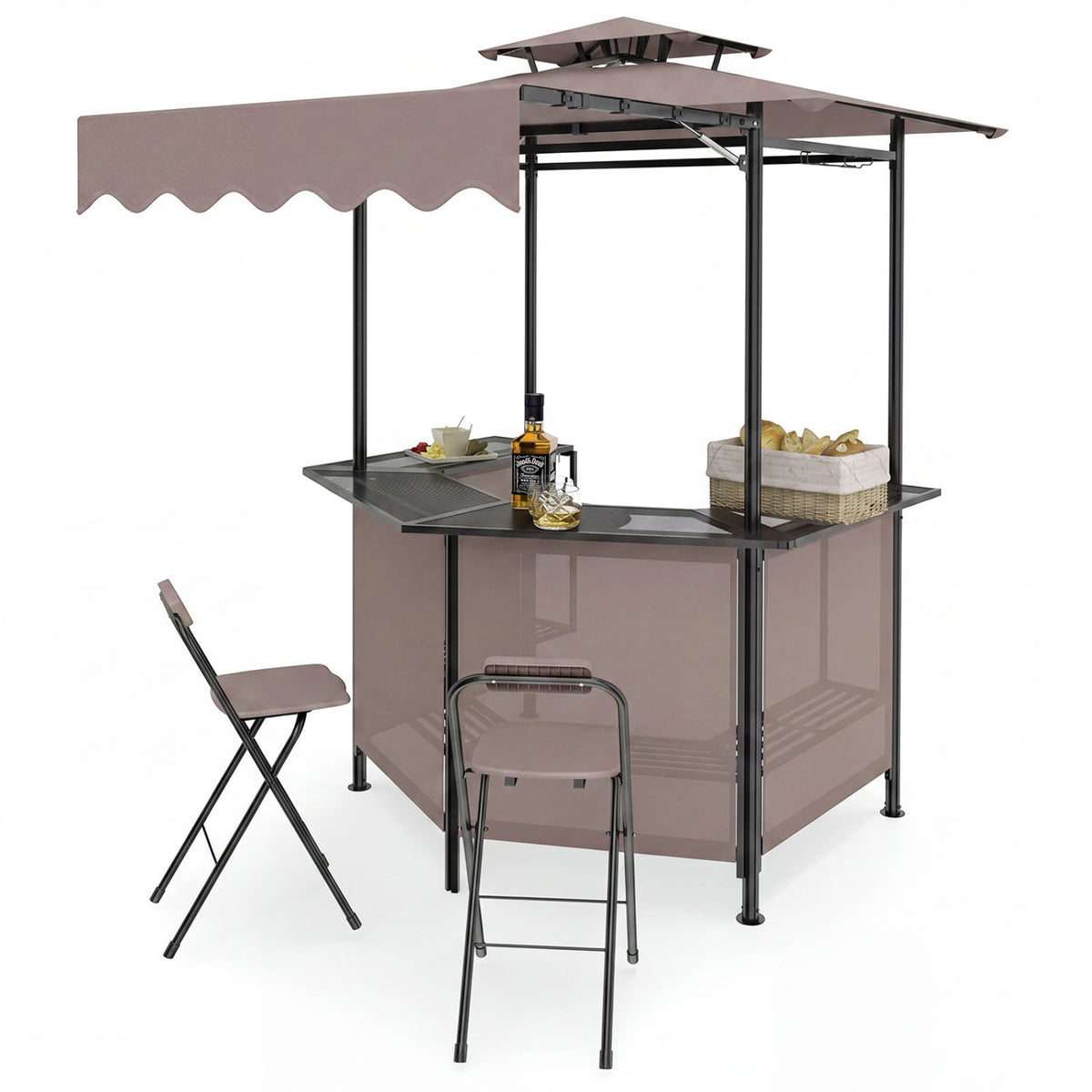 3-Piece Patio Bar Set Outdoor Grill Gazebo and 2 Folding Bar Stools