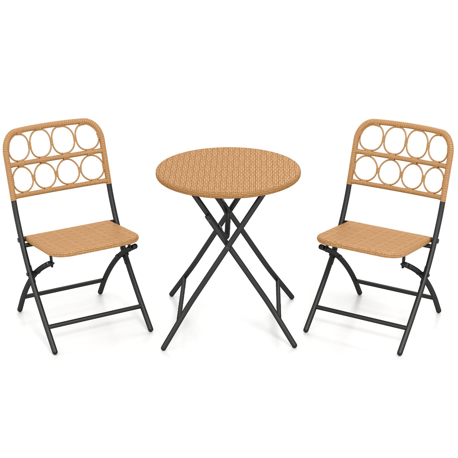 3 Piece Patio Bistro Set Folding Round Table and Chairs with Wicker Seat