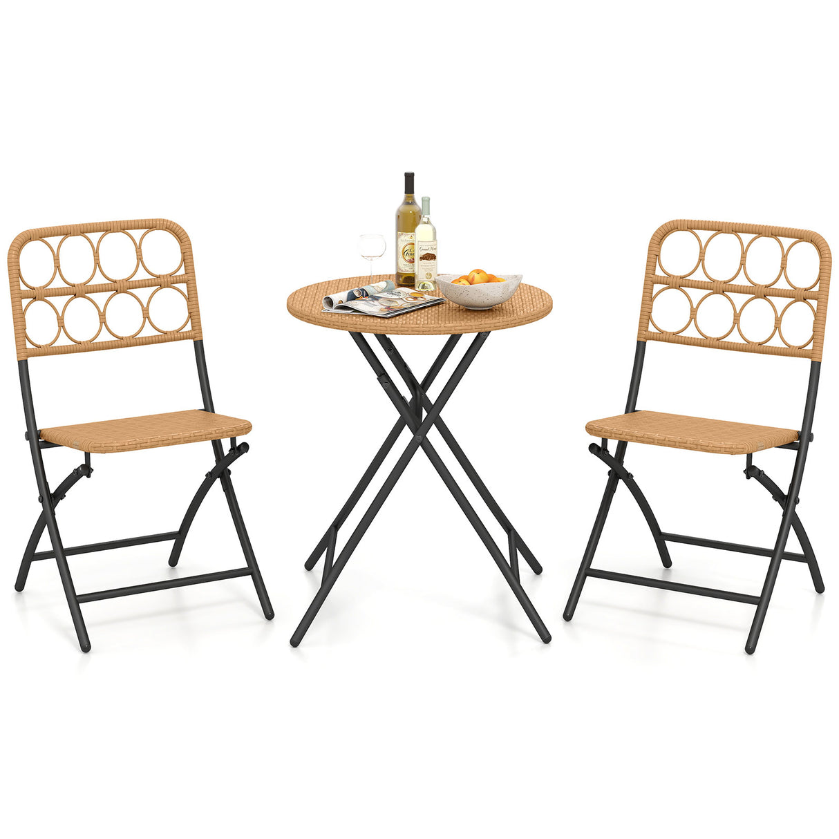 3 Piece Patio Bistro Set Folding Round Table and Chairs with Wicker Seat