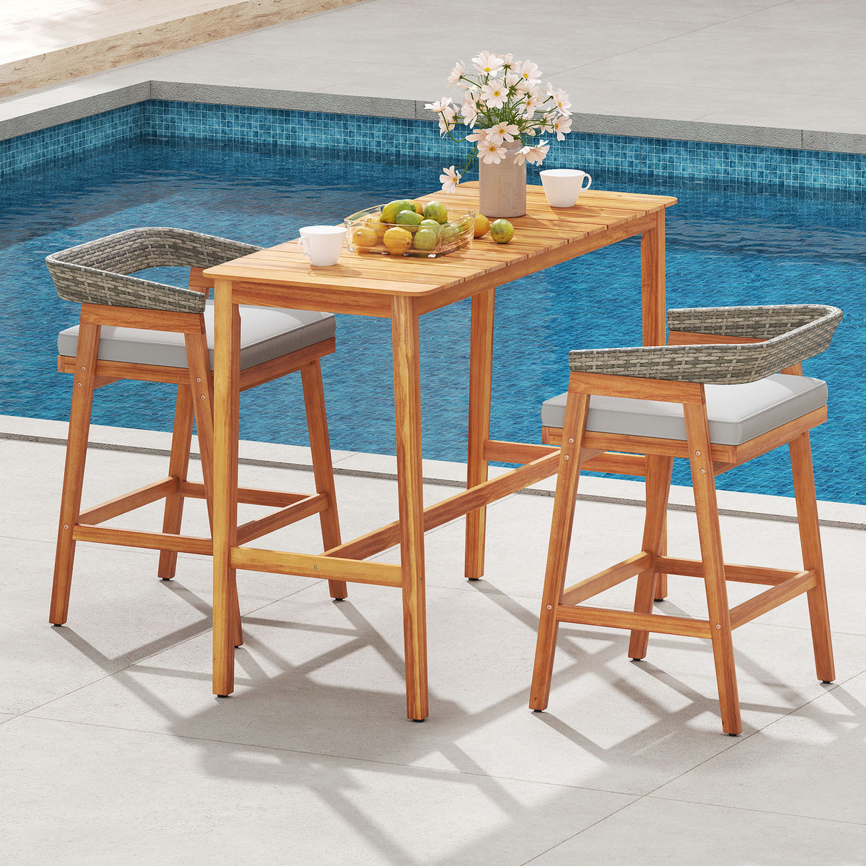 3 Pieces Patio Counter Height Bar Set with 2 Cushioned Barstools