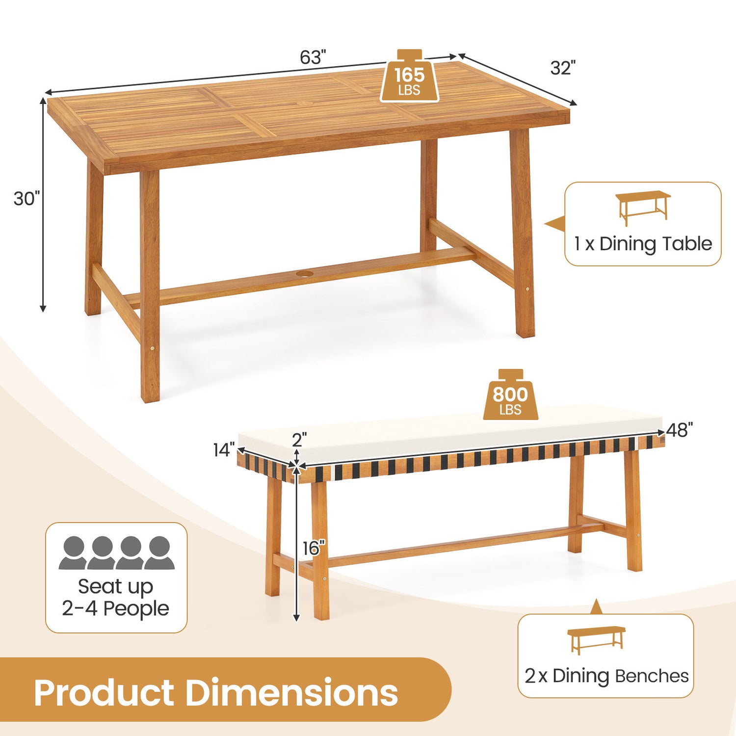 3-Piece Patio Dining Set for 4 People Farmhouse Furniture
