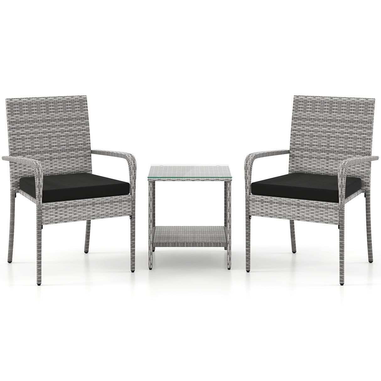 3 Piece Patio Furniture Set with Seat Cushions and Tempered Glass Tabletop for Balcony
