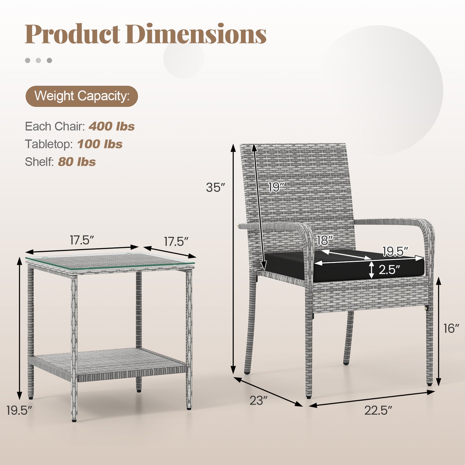 3 Piece Patio Furniture Set with Seat Cushions and Tempered Glass Tabletop for Balcony