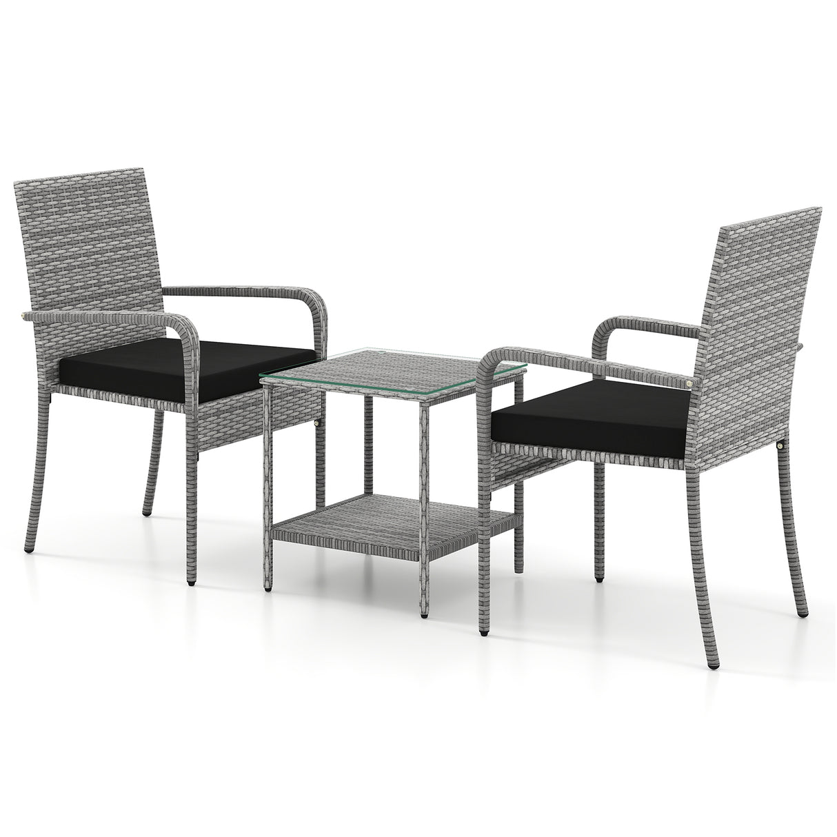 3 Piece Patio Furniture Set with Seat Cushions and Tempered Glass Tabletop for Balcony