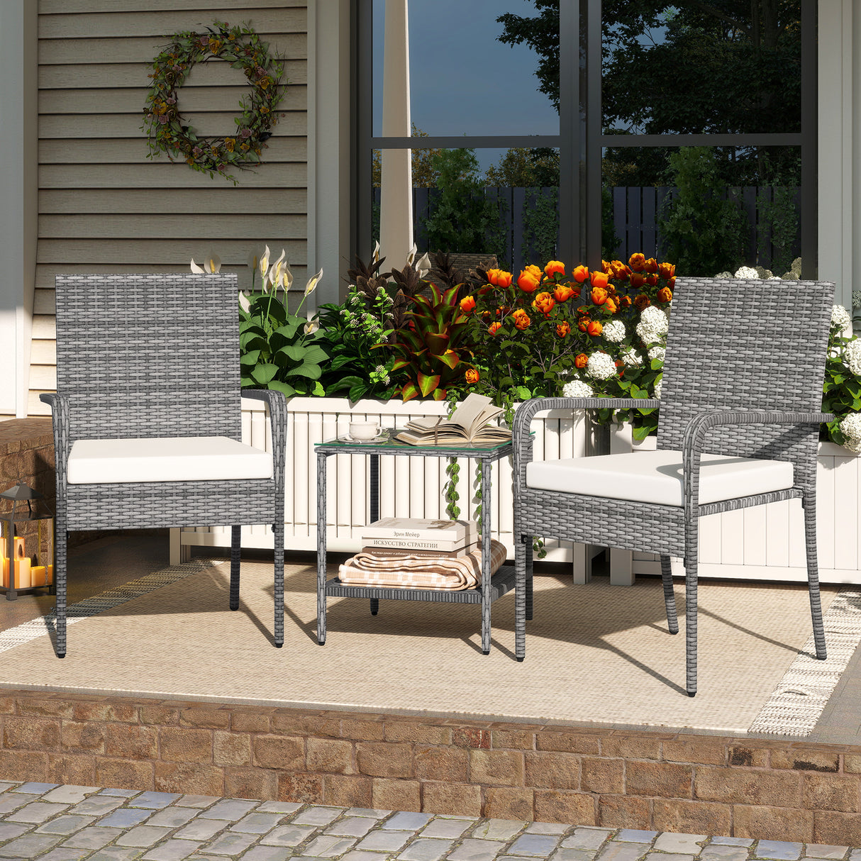 3 Piece Patio Furniture Set with Seat Cushions and Tempered Glass Tabletop for Balcony