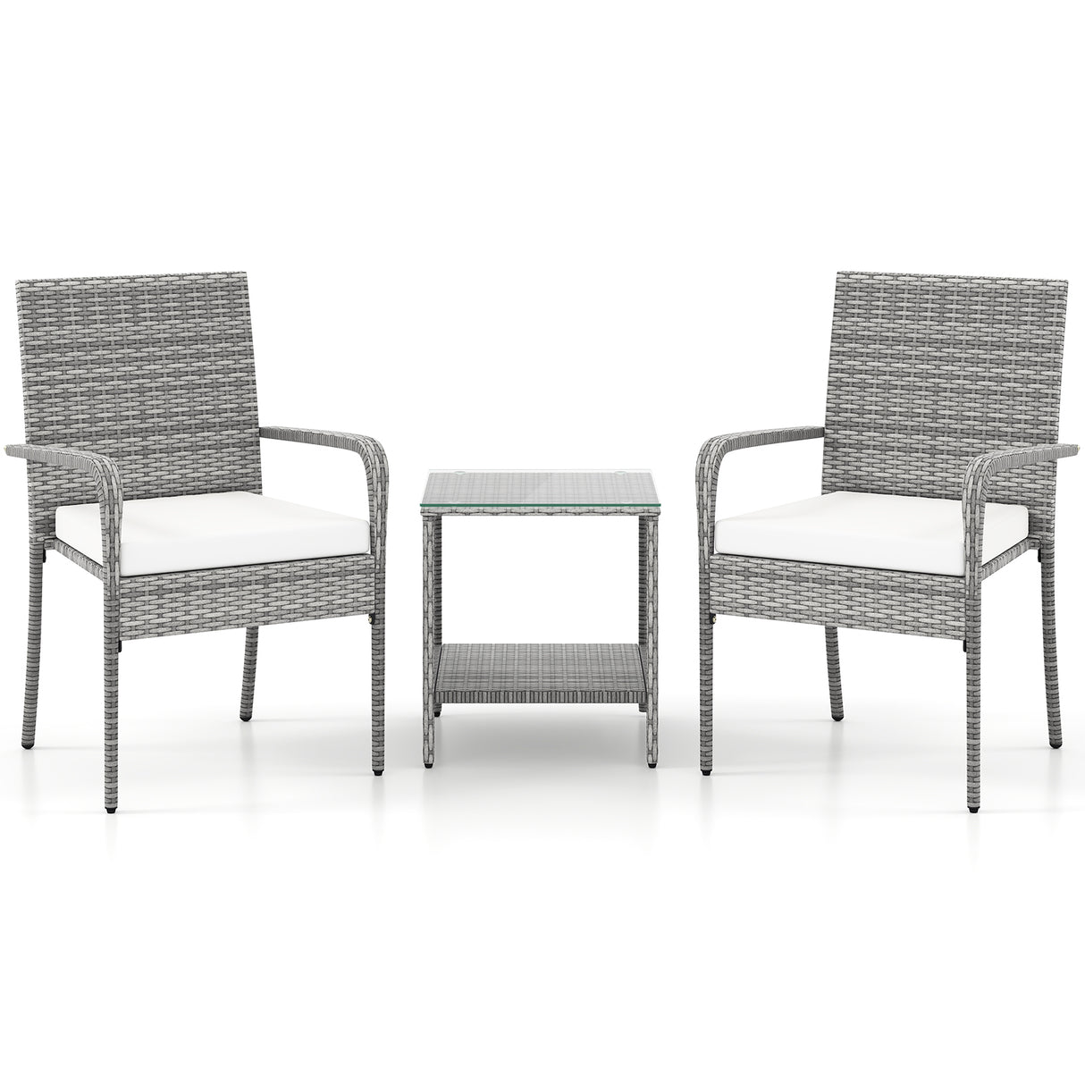 3 Piece Patio Furniture Set with Seat Cushions and Tempered Glass Tabletop for Balcony