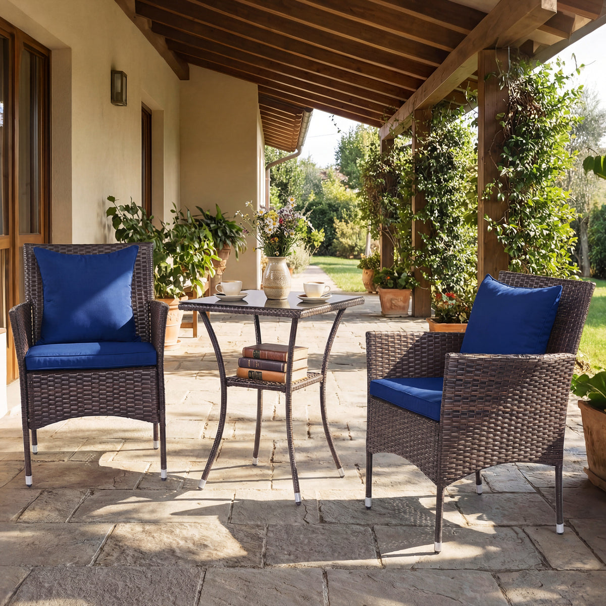 3 Pieces Patio Furniture Set with Cushioned Patio Chairs and Tempered Glass Coffee Table