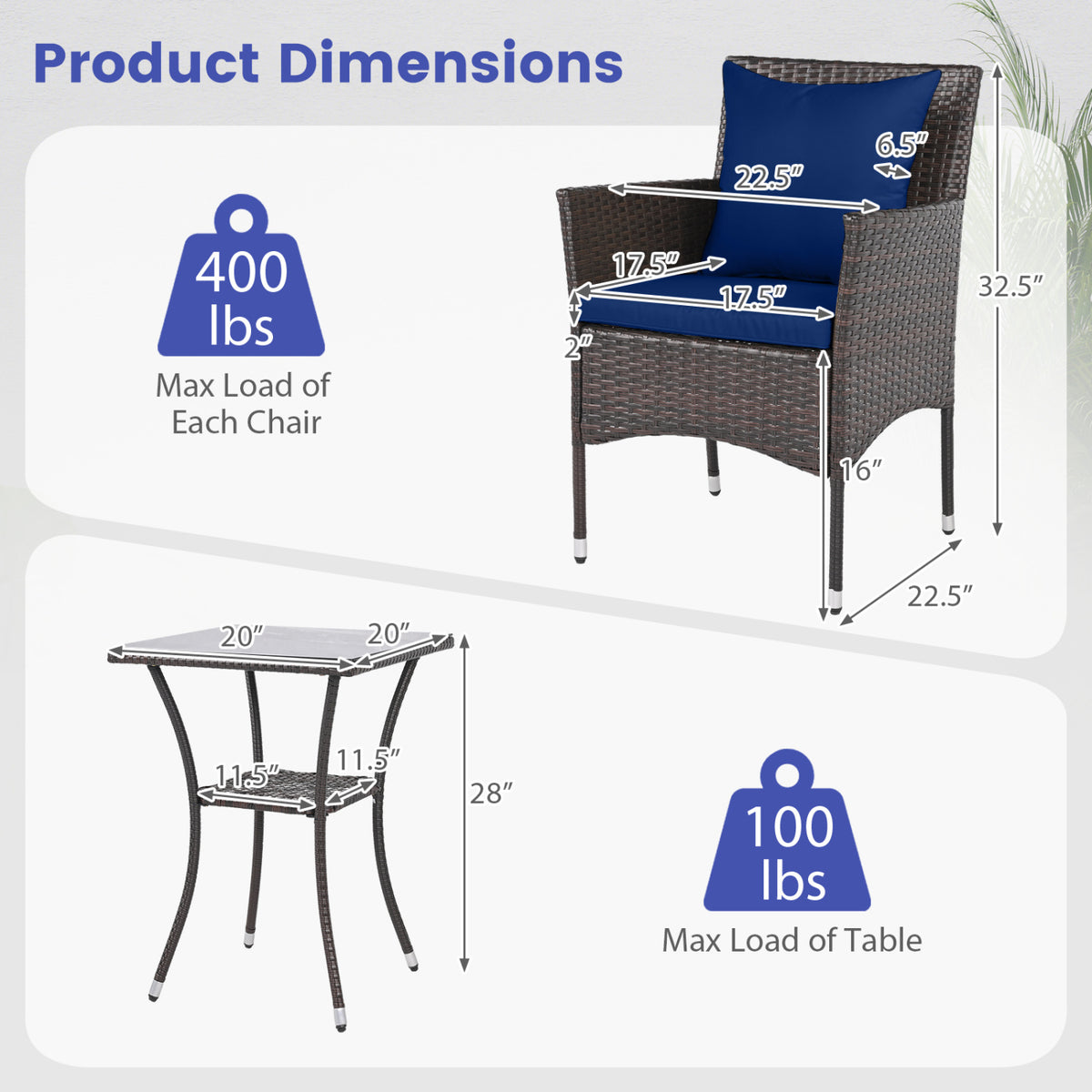 3 Pieces Patio Furniture Set with Cushioned Patio Chairs and Tempered Glass Coffee Table