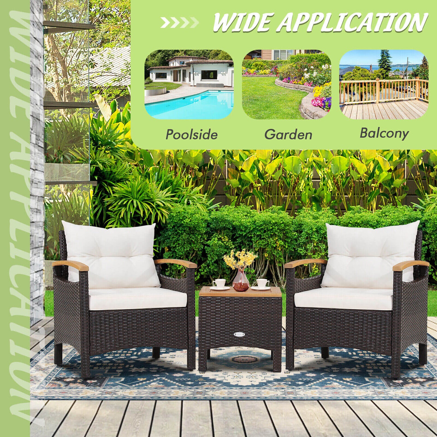3 Pieces Patio Rattan Furniture Set with Removable Cushion