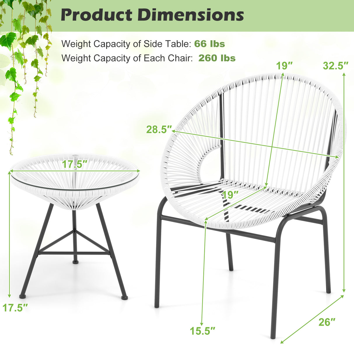 3 Pieces Patio Acapulco Furniture Bistro Set with Glass Table