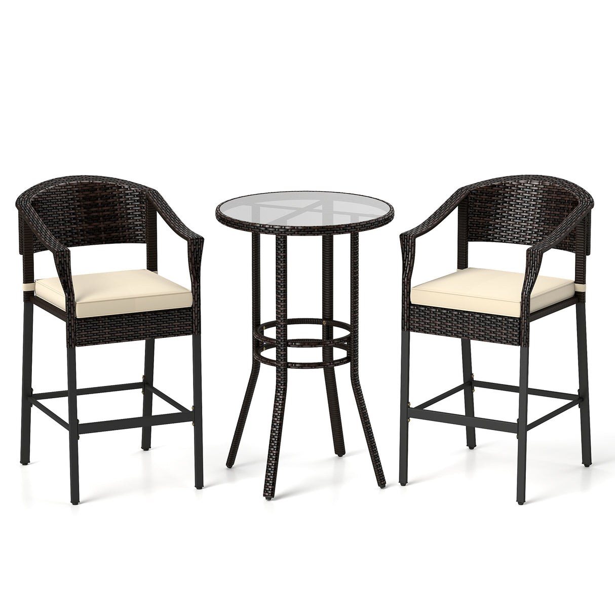 3-Piece Patio Rattan Bar Set with Tempered Glass Top for Backyard Poolside
